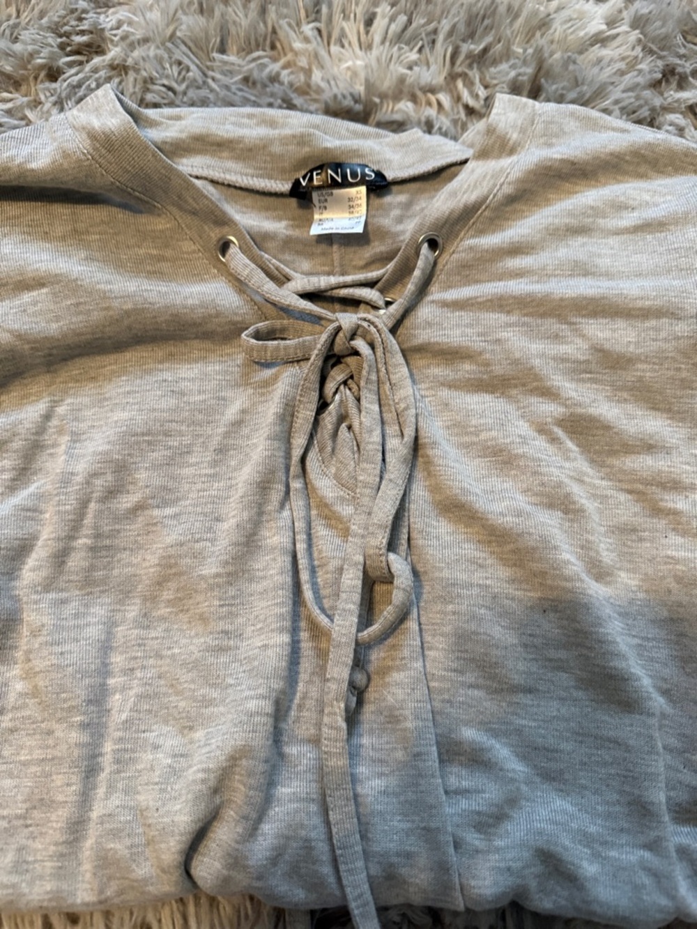 VENUS Heather Gray Lace-Up Knit Top